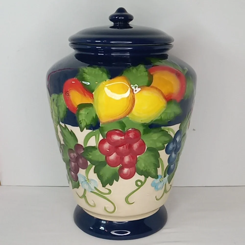 Vintage Large Nonni's Handpainted Fruit Print Lidded Ceramic Cookie Jar Canister